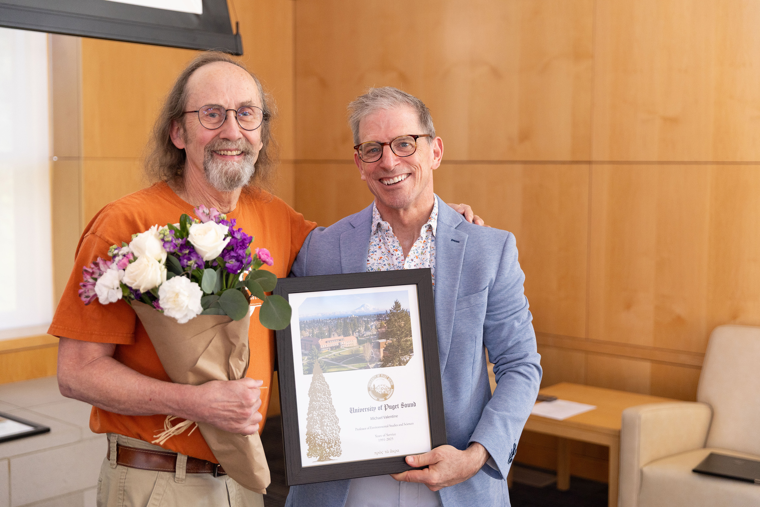 Prof. of Environmental Studies & Sciences Mike Valentine (left) with Provost Drew Kerkhoff (right)