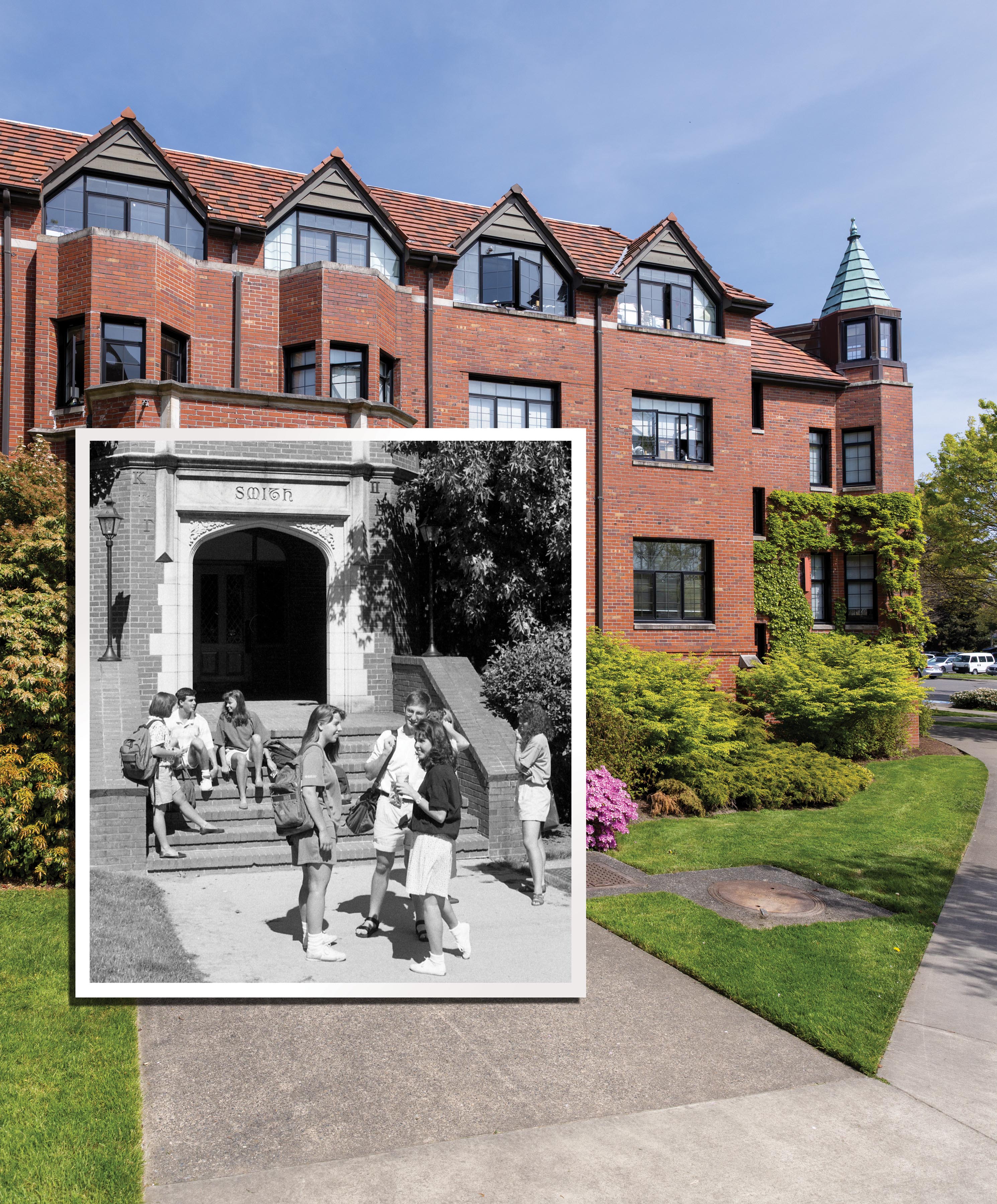 Composite image with a modern day image of one of the campus residence halls overlaid with a historic photo of students outside the same res hall