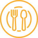 Yellow outline icon of plate with a fork and spoon on it.