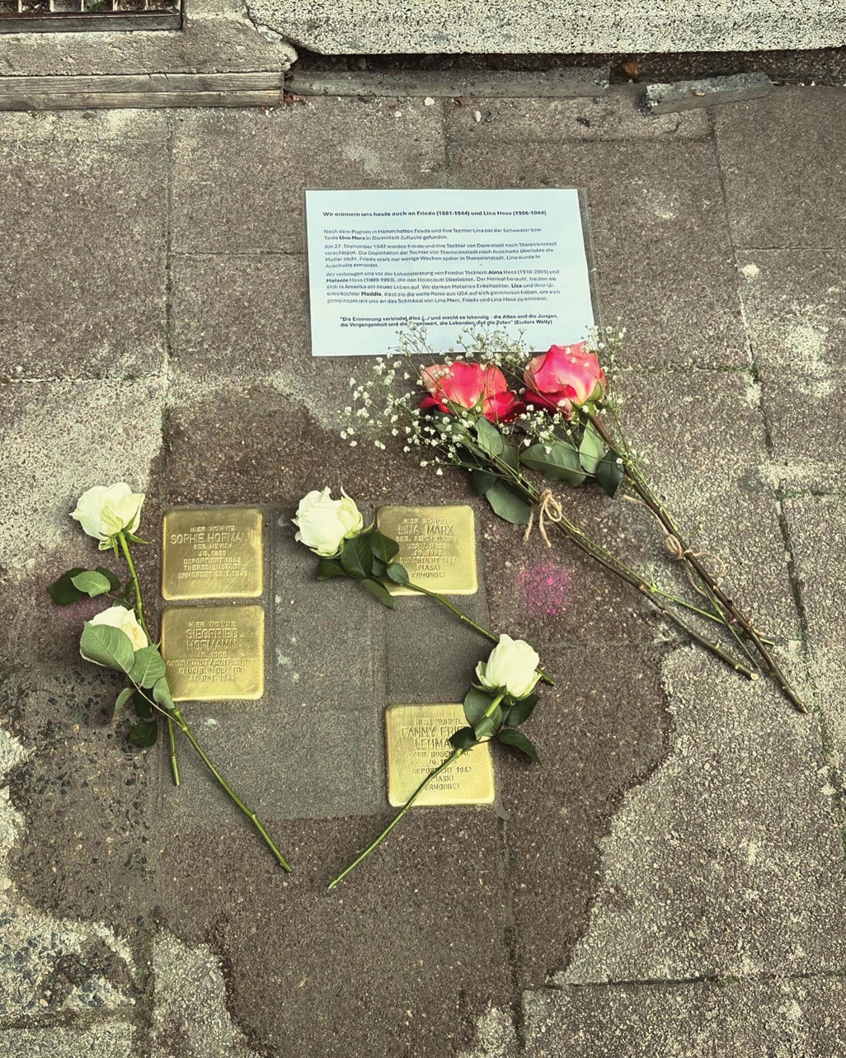 Stumbling Stones for members of Maddie and Liza Hanses’ family in Germany.