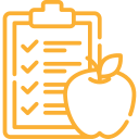 Yellow outline icon of a clipboard with an apple.