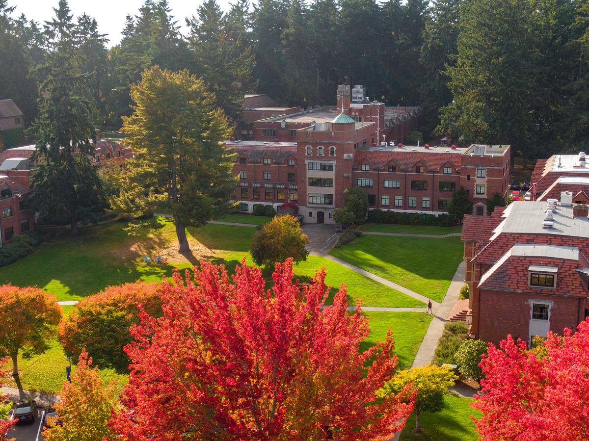 university campus with fall leaves