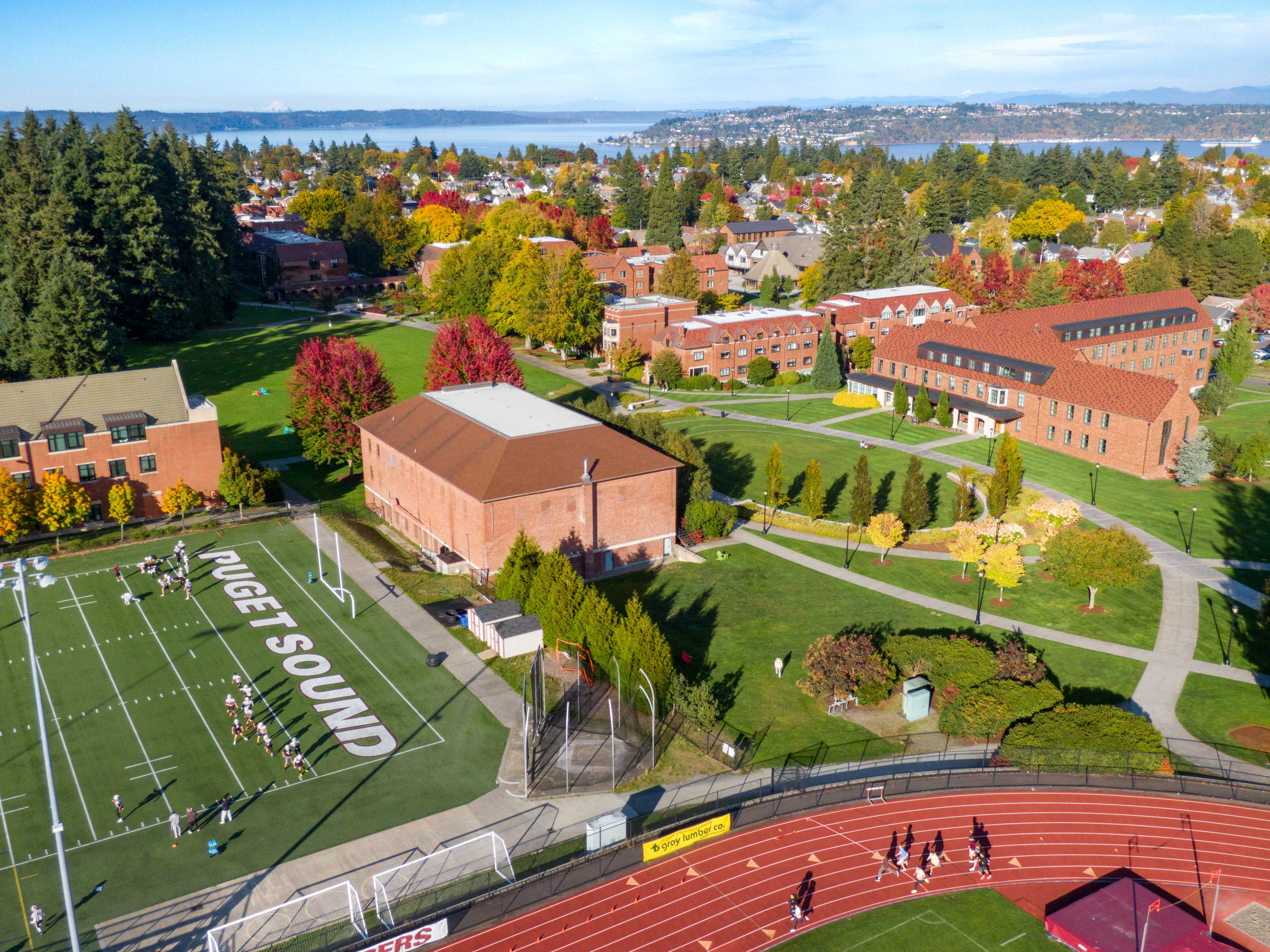 Aerial view of campus with Commencement Bay in the background