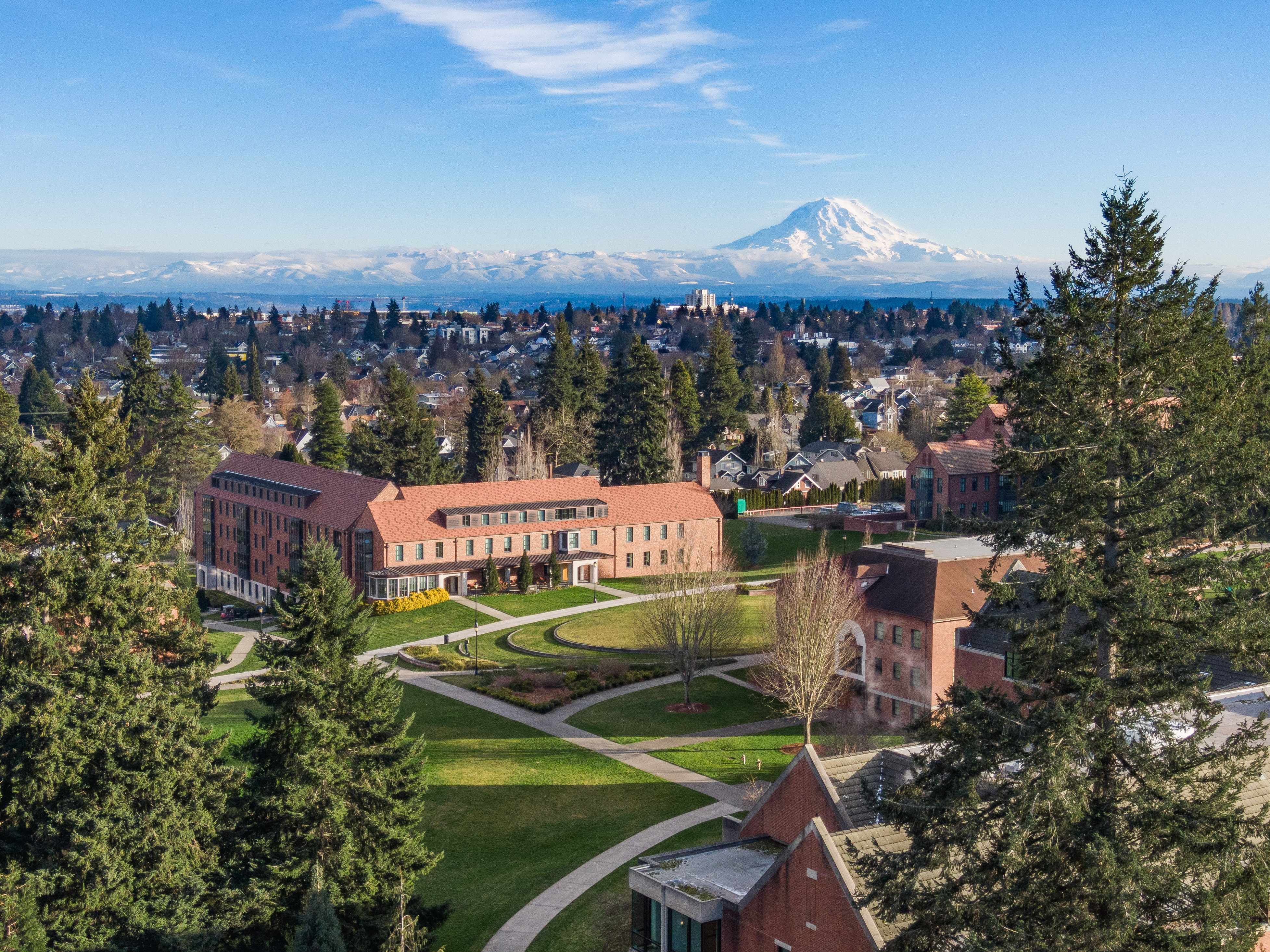 Aerial view of campus with Mount Rainier in the background