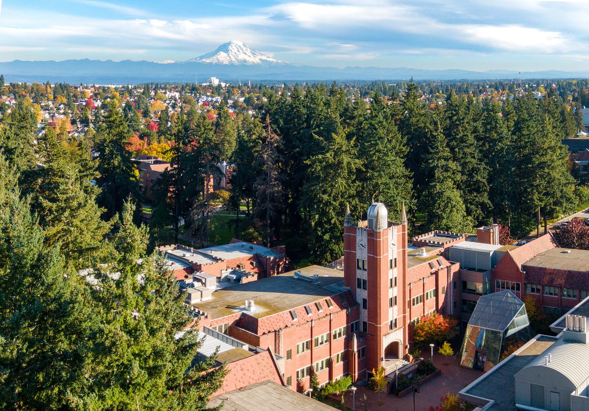 University of Puget Sound campus seen overhead with Mt. Rainier in the background