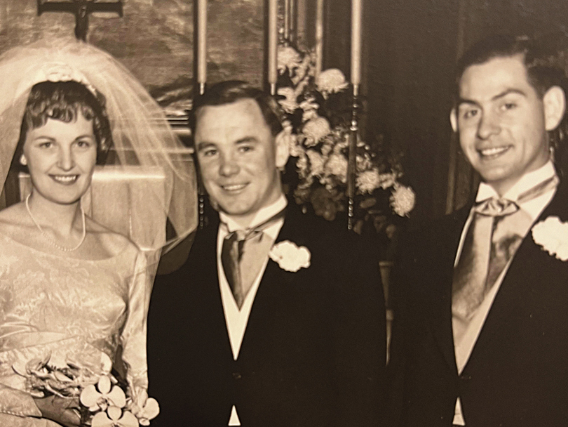Doris Zoebel Fraser ’59 (left) and Richard (Dick) Shorten ’57 (right) with Doris' husband, Don Fraser (center) at their wedding in 1964.