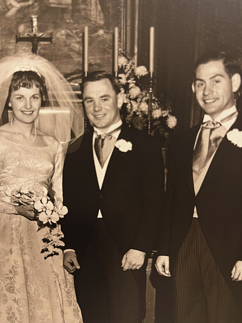 Doris Zoebel Fraser ’59 (left), her husband Don Fraser (center), and best man/matchmaker Dick Shorten ’57 at Doris and Don's wedding in 1964.