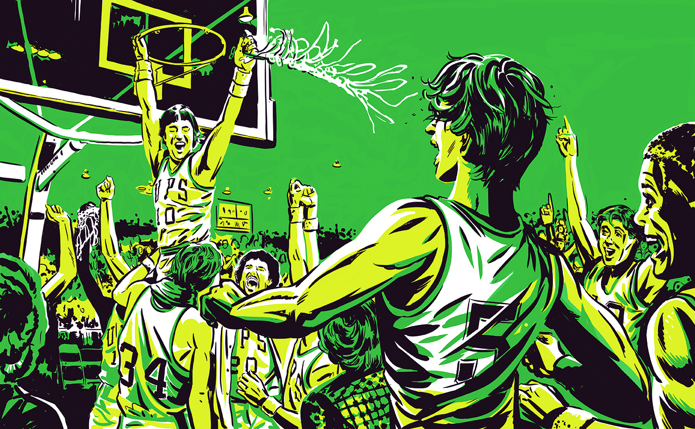 1976 Men's Basketball NCAA DII Champions. Illustration by Jonathan Carlson.