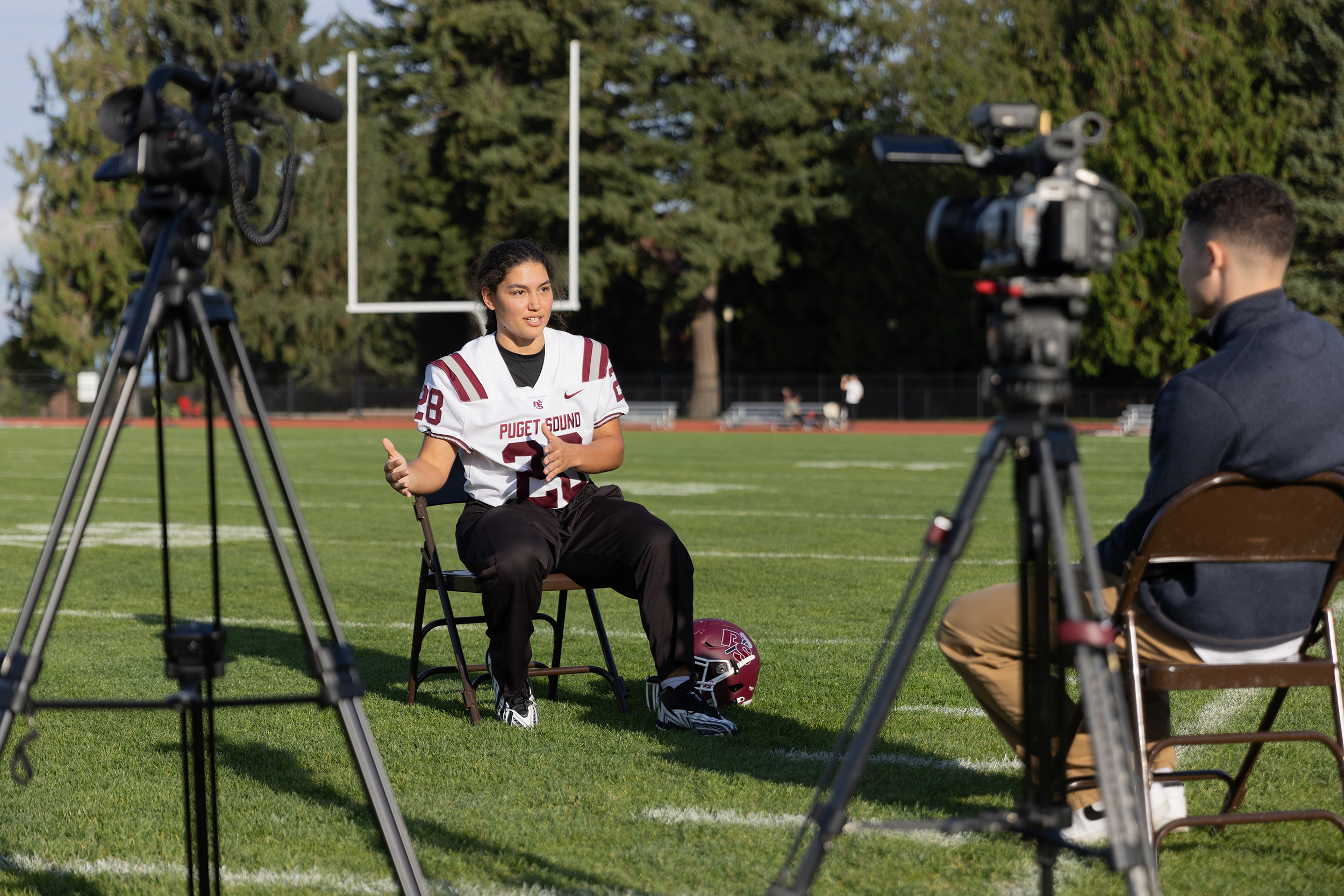 Lily Godwin ’26 being interviewed about her historic tackle in 2023.