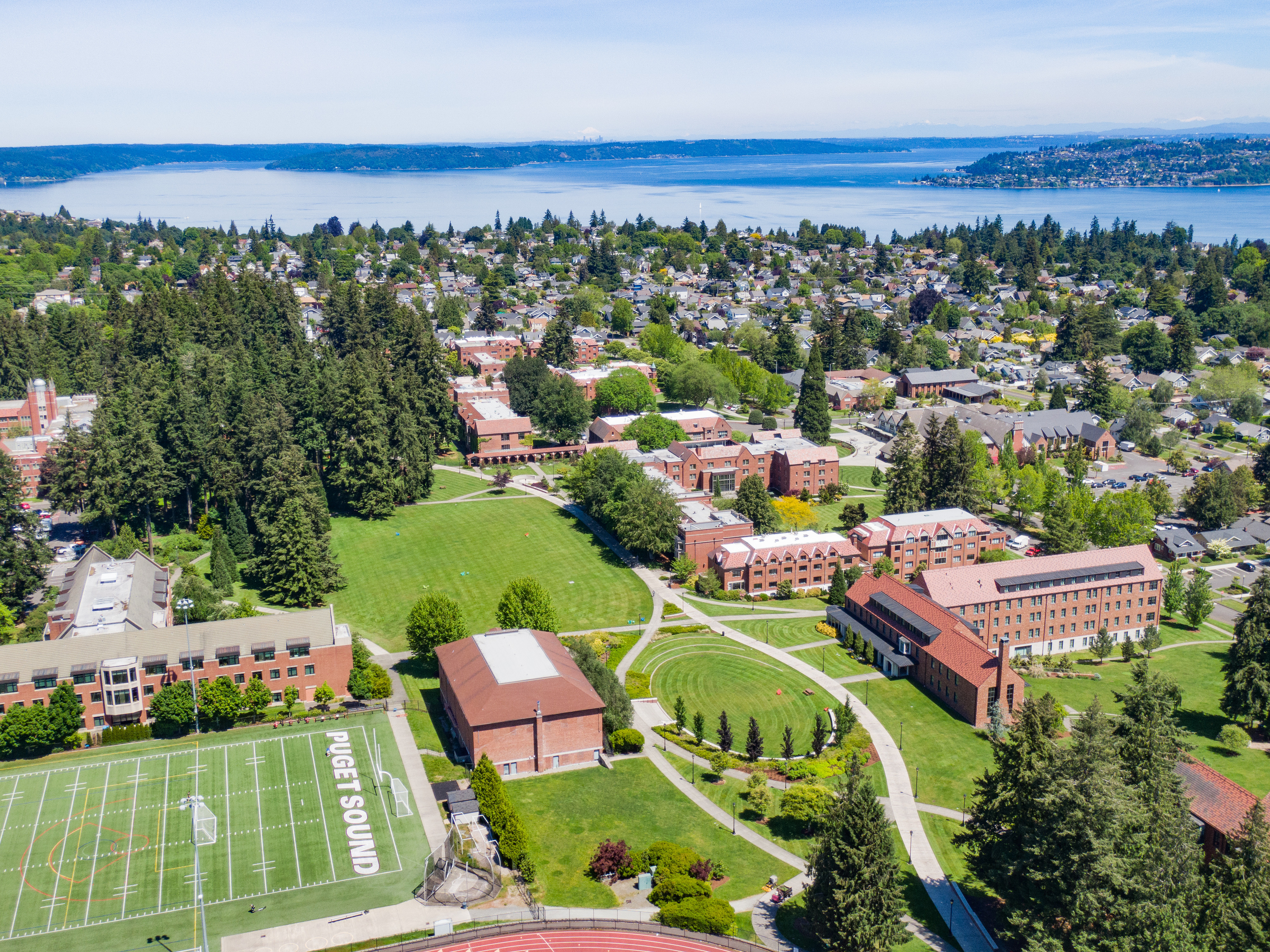 Drone's eye view of campus looking northeast toward Commencement Bay.