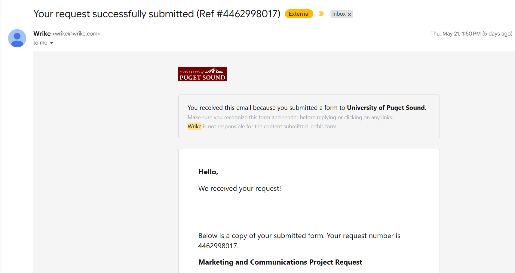 Wrike request email screenshot
