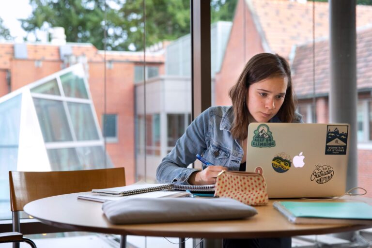Student working on a laptop in front of a window