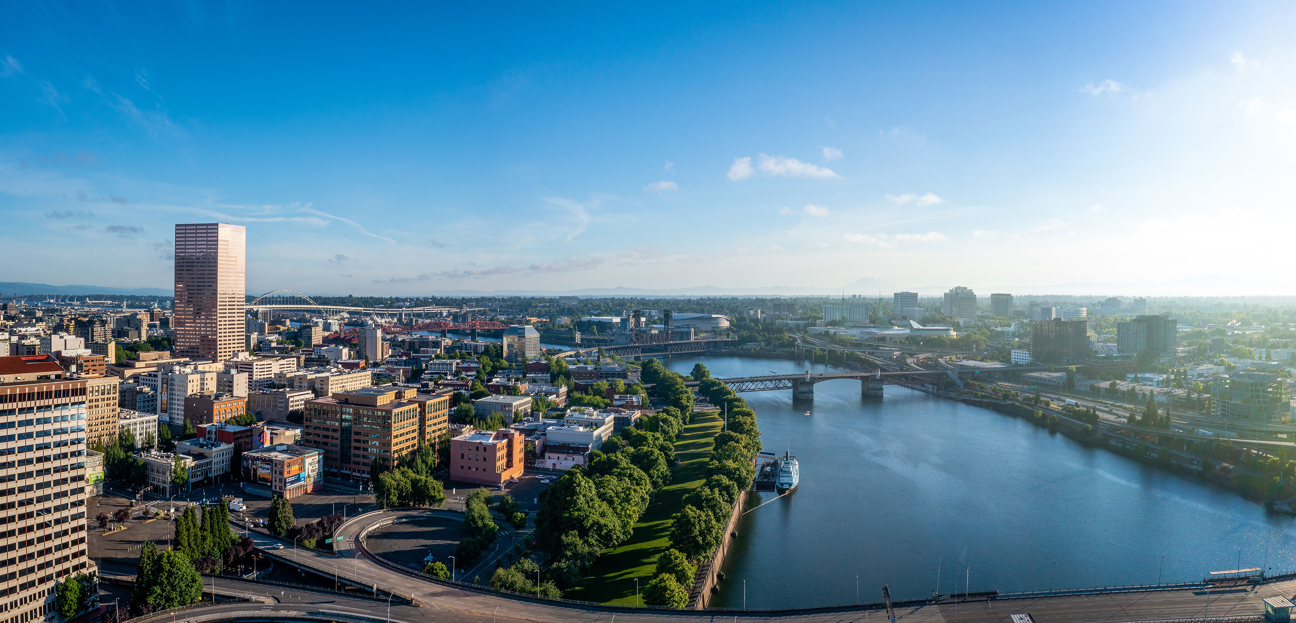 Aerial view over Portland city and river