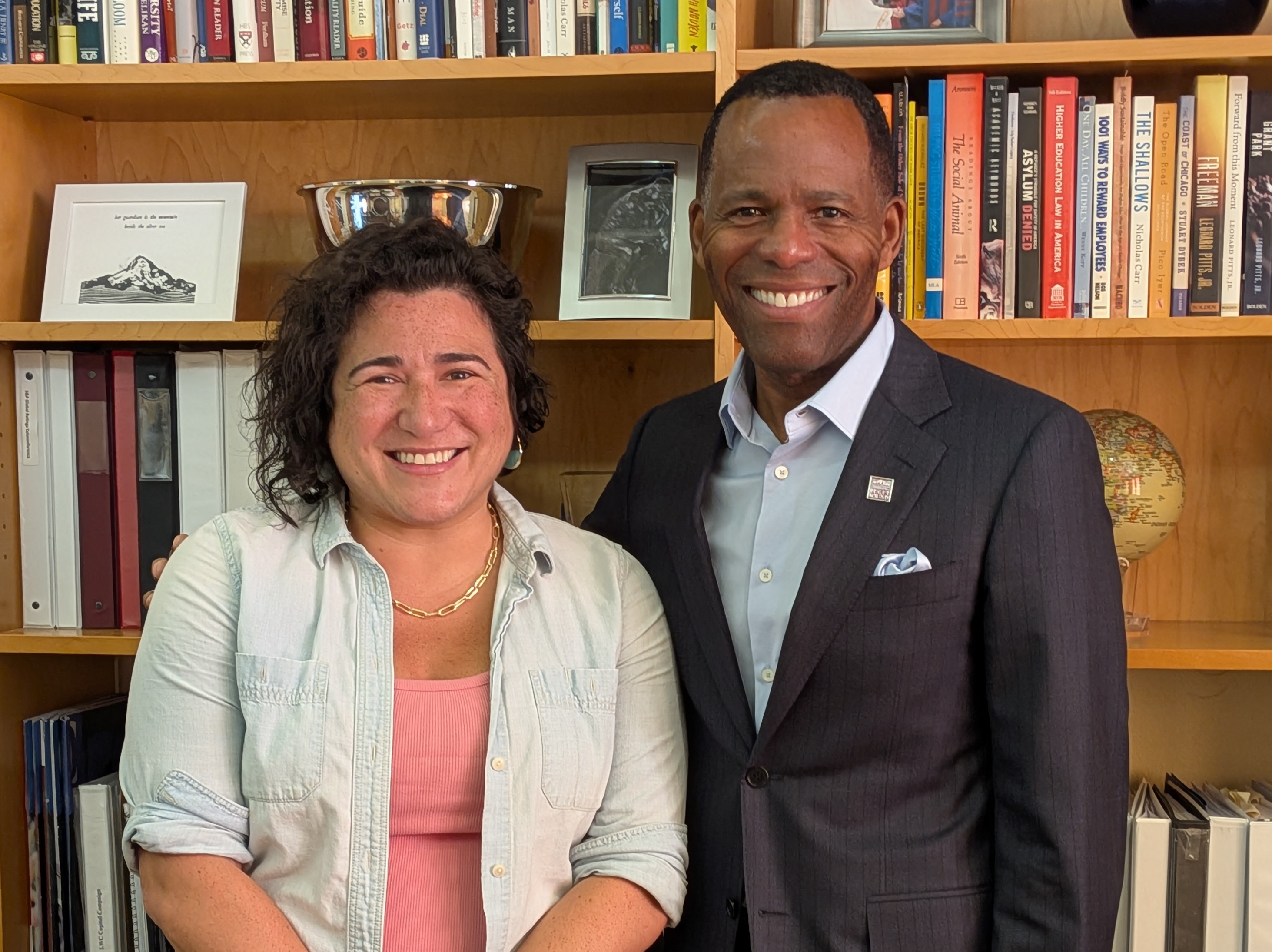 Rep. Emily Randall stands next to President Isiaah Crawford