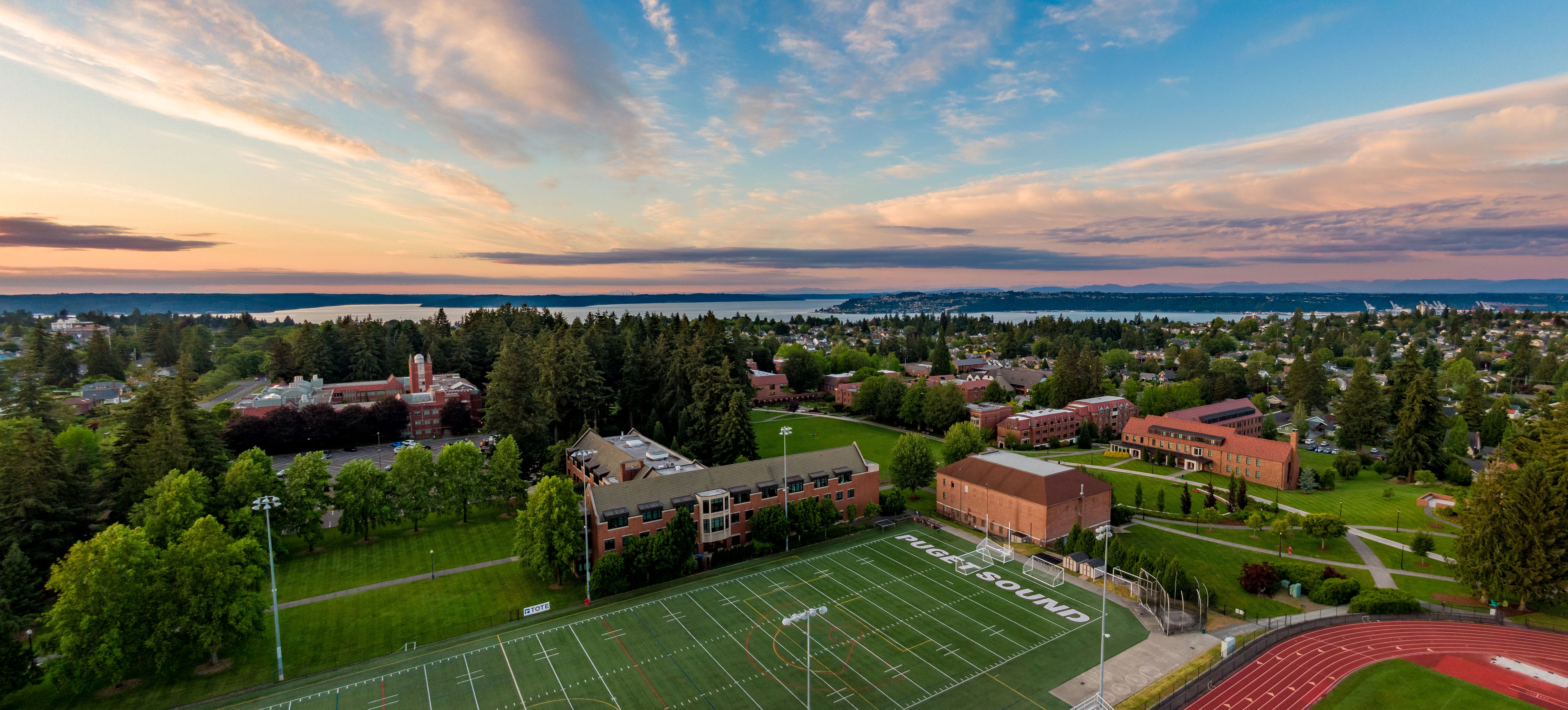 Puget Sound campus drone view at sunset