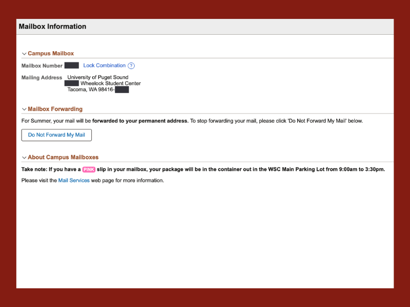 Image of MyPugetSound Mailbox Information page