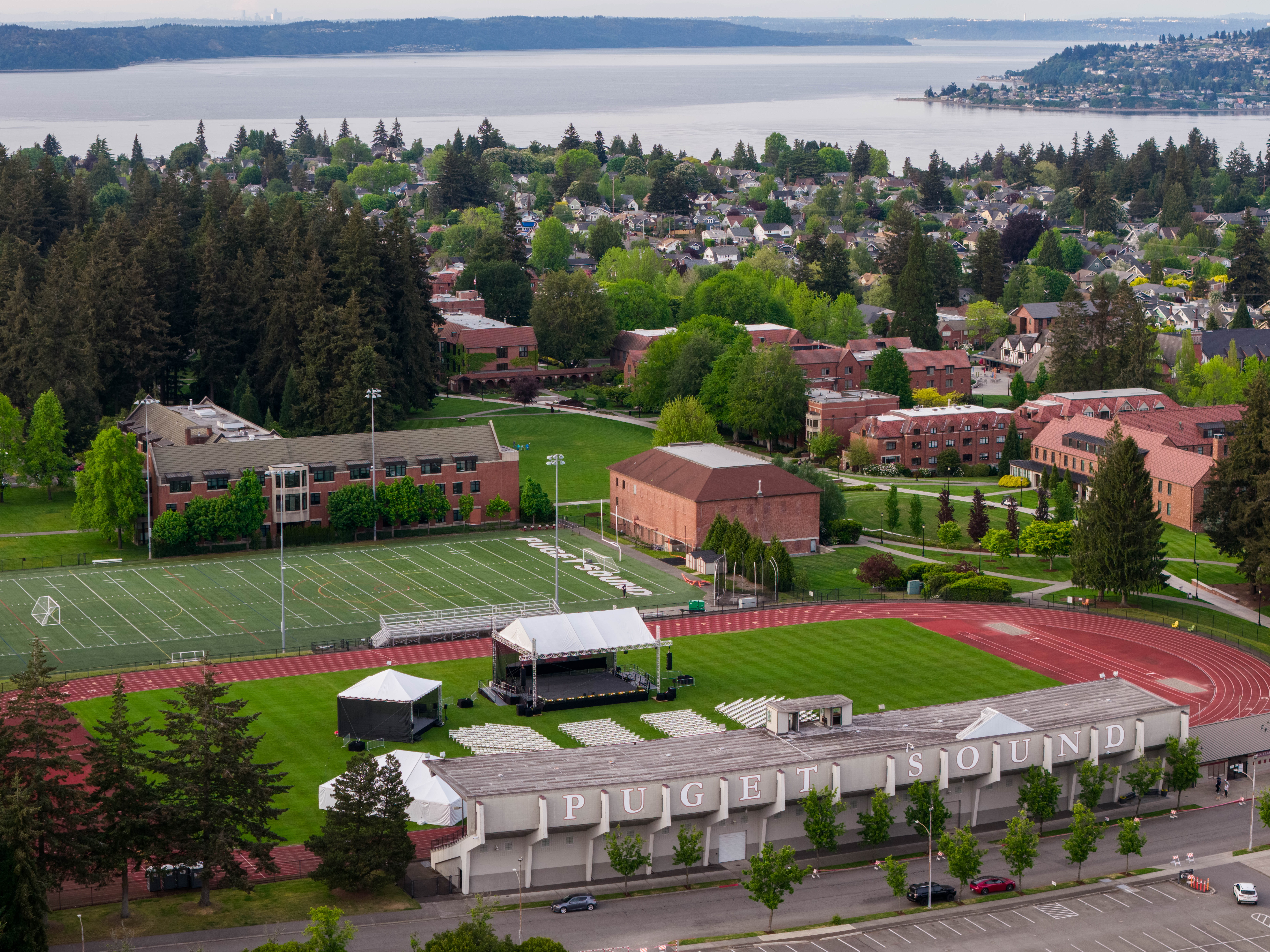 Aerial view of campus with Commencement Bay in the background