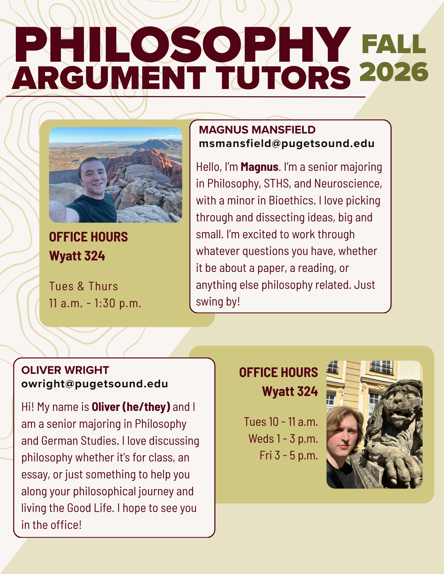 Philosophy Argument Tutors' office hours for the Fall 2026 term