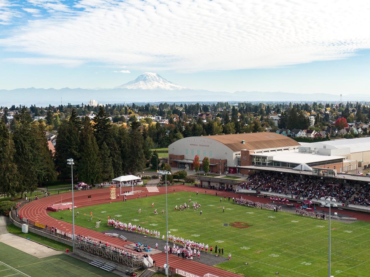 Baker Stadium and Memorial Fieldhouse with Mount Rainier in the background