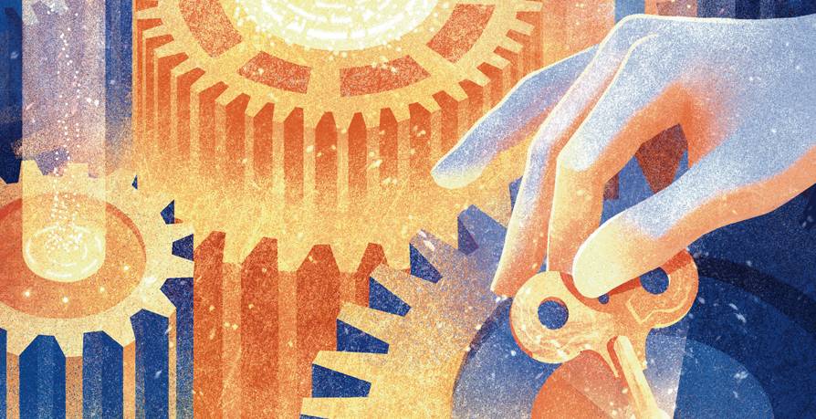 Illustration of gears with a hand turning a key
