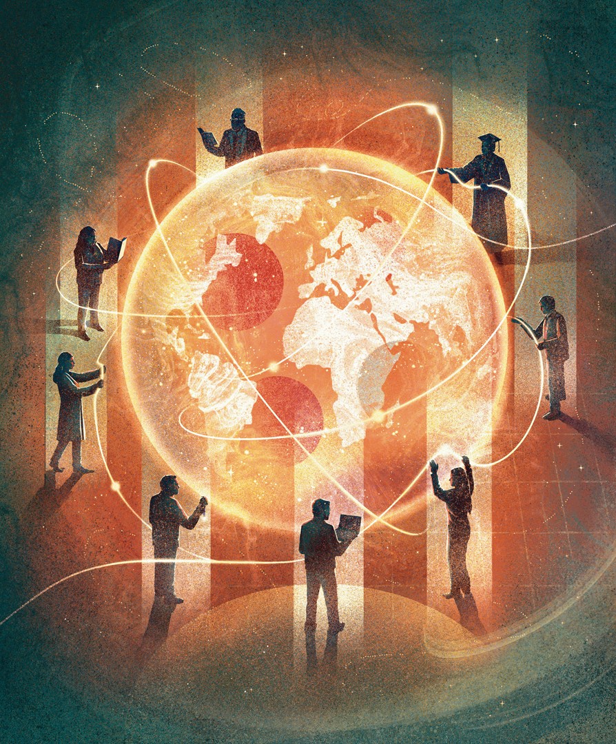 Illustration of a glowing globe with teachers all around the edges