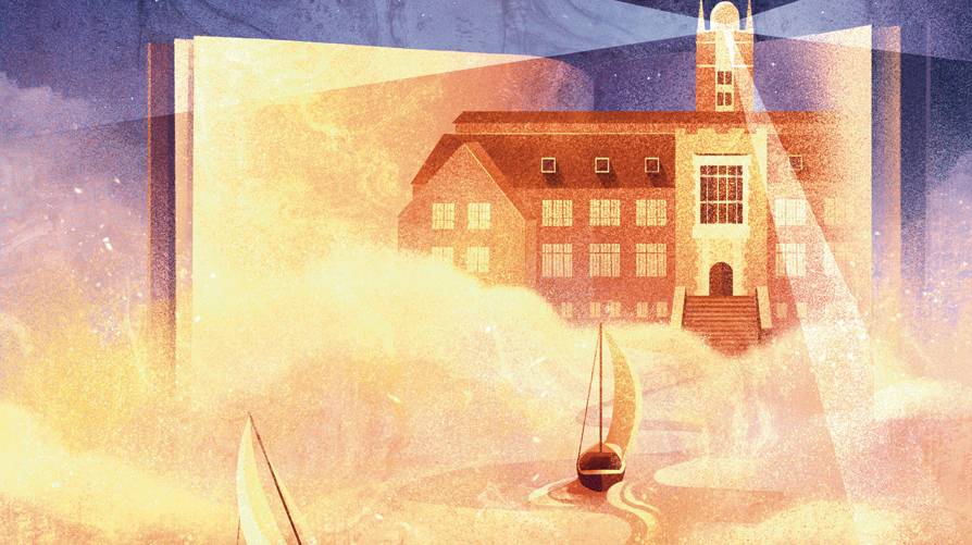 Illustration of a Thompson Hall with observatory tower acting as a lighthouse, shining a light down toward sailboats in the clouds