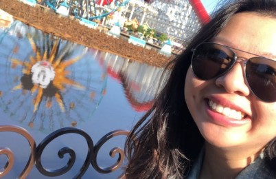 A person in front of a ferris wheel.