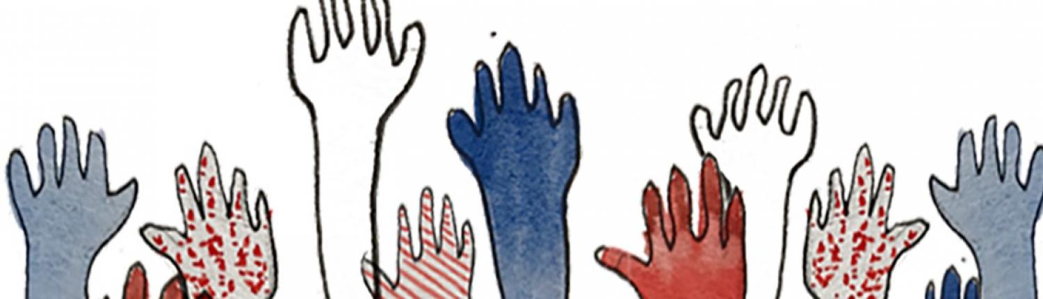 Illustration of many hands up in the air