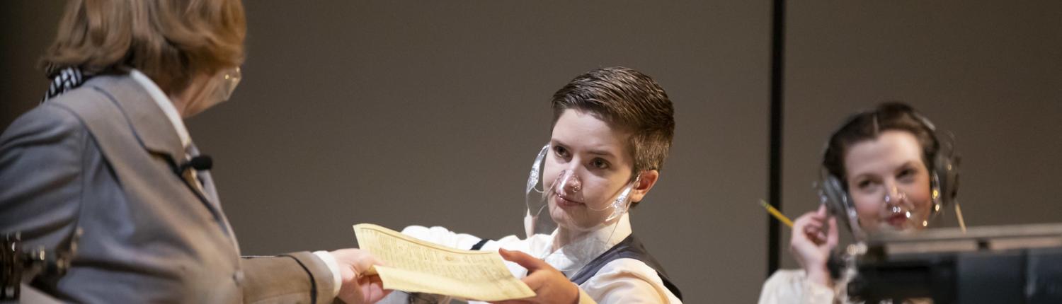 Student actors perform onstage in Norton Clapp Theatre in a production of Machinal, 2021