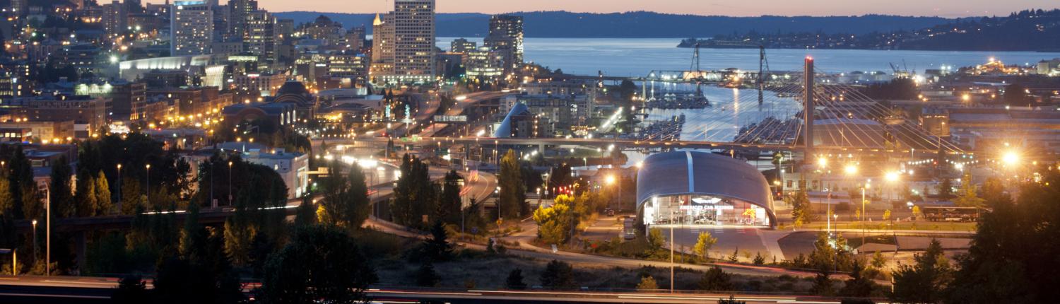 Overlooking Downtown Tacoma with sunset in the background