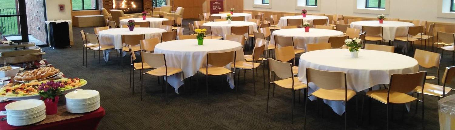A catered event set up in Thomas Hall, Tahoma Room