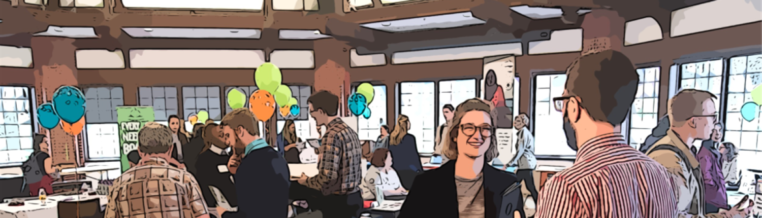 Cartoonized image of students interacting with recruiters during a Career Fair in Puget Sound's Rotunda