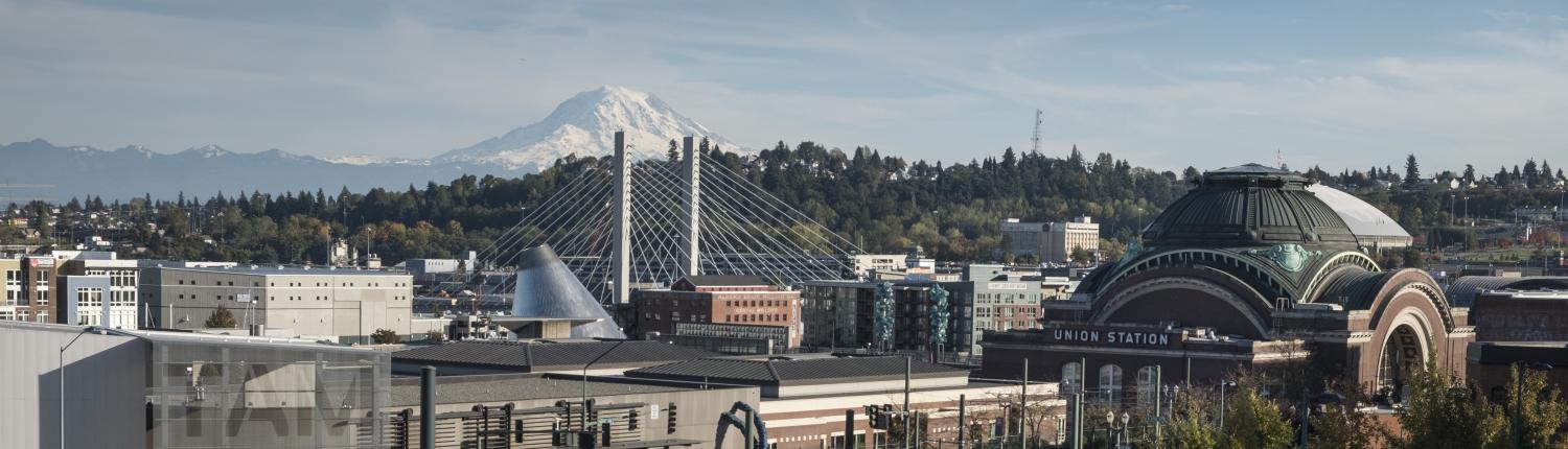 Downtown Tacoma with view of Union Station, the Tacoma Art Museum, the 21st Street Bridge, and Mount Rainier.