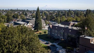 Campus seen from the air, with the giant sequoia in the foreground and Mount Rainier in the distance.
