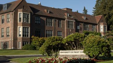Howarth Hall and University of Puget Sound sign