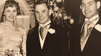 Doris Zoebel Fraser ’59 (left) and Richard (Dick) Shorten ’57 (right) with Doris' husband, Don Fraser (center) at their wedding in 1964.