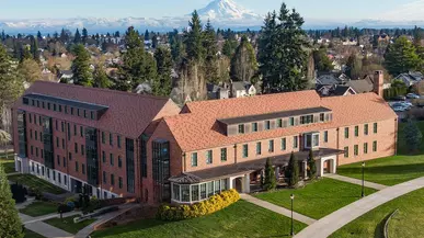 Aerial view of university with Mt. Rainer in the background.