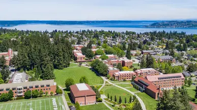 Drone view of University of Puget Sound campus