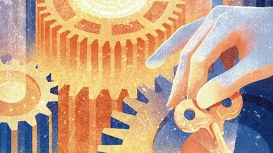 Illustration of gears with a hand turning a key