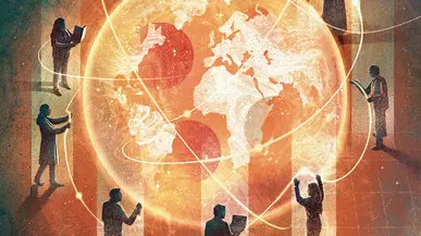 Illustration of a glowing globe with teachers all around the edges