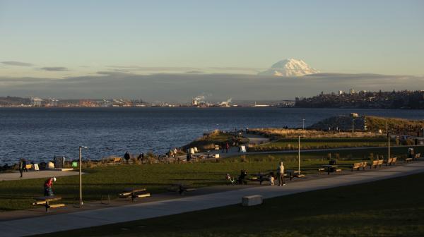 Tacoma's Dune Peninsula at Point Defiance Park with Commencement Bay and Mount Rainier
