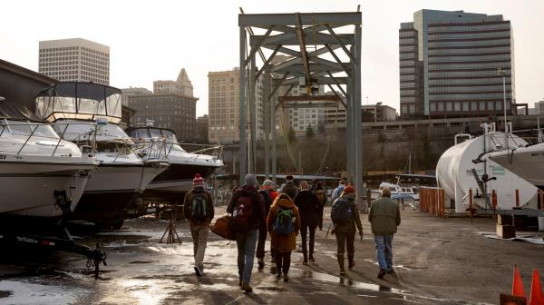 Students walk through the Port of Tacoma.