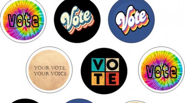 Voting buttons created by Collins Memorial Library