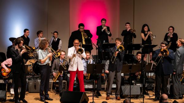 The Jazz Orchestra performs with Delfeayo Marsalis, Friday, Feb. 14, 2020, in Schneebeck Concert Hall
