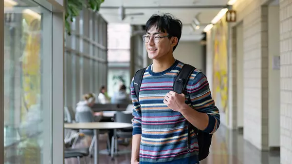 Image of student slightly turned away from camera inside science building with large windows