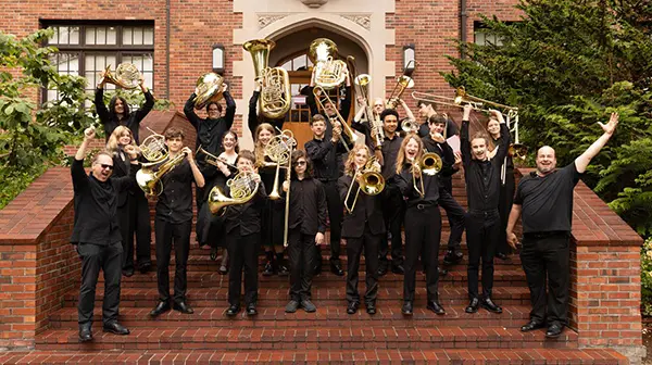Group photo of the School of Music's 2026 brass day high school participants