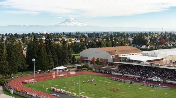 Baker Stadium with Mount Rainier in the background