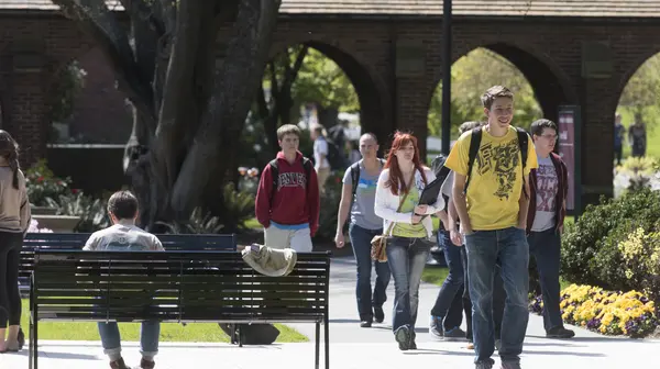 Students walk between classes on campus.