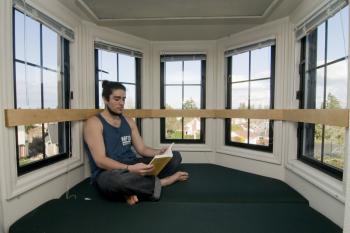 Student in one of the Schiff tower rooms