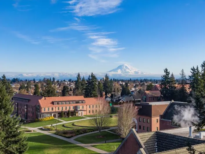 Aerial view of campus taken by drone with Mt. Rainier in the background